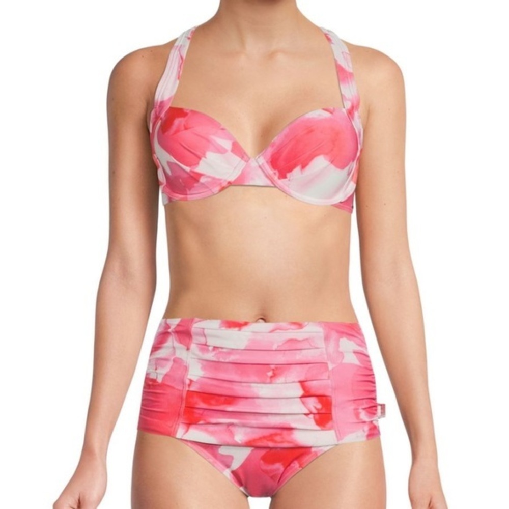 Calvin Klein Pleated Floral Underwire Bikini Top and High Waisted Bottom XS NWT